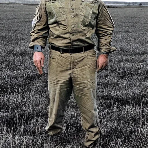 Image similar to “Joe Rogan standing in the middle of a field wearing the US Army uniform with a grumpy look on his face”