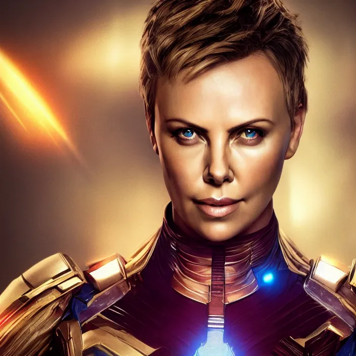 Image similar to portrait of (Charlize Theron), wearing The Infinity Gauntlet. intricate artwork. octane render, trending on artstation, very coherent symmetrical artwork. avengers. thanos. cinematic, hyper realism, high detail, octane render, 8k, iridescent accents