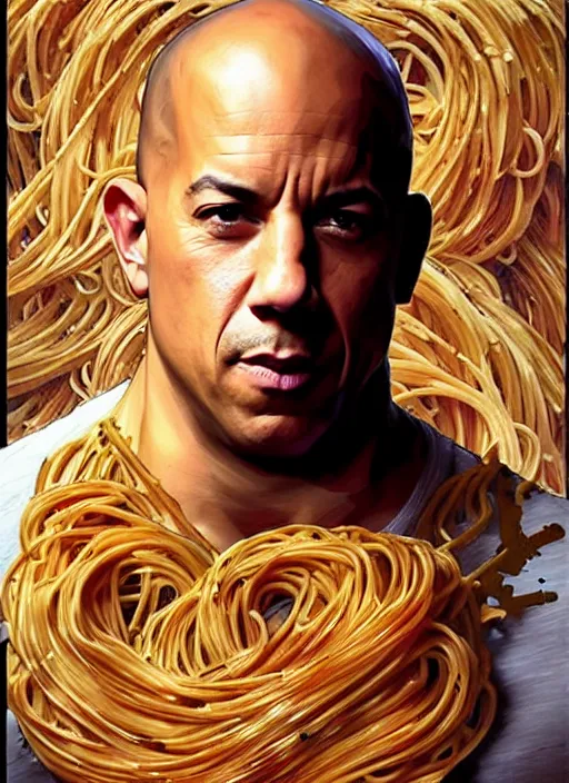 Image similar to vin diesel covered in spaghetti, painting by artgerm and greg rutkowski and alphonse mucha