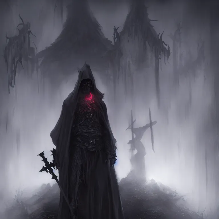 Prompt: grim reaper, demons of hell, haunted spooky foggy graveyard, headshot photo, character concept, dark souls concept art, Feng Zhu concept art, dramatic lighting, highly stylized, trending on artstation, high-quality wallpaper, desktopography