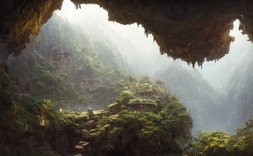 Image similar to painting of a series of a ring of bedrooms carved high up inside a mountain, lush garden with hot spring between, cozy bed, well maintained, clean, medieval, fantasy genre, natural light, fantasy, natural light, sharp focus, concept art, by greg rutkowski and craig mullins, cozy atmospheric and cinematic lighting, trending on artstation