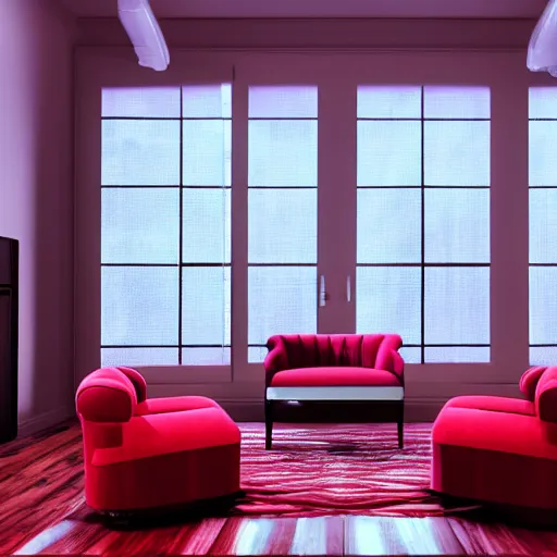 Image similar to A screenshot of a Virtual Reality music studio, living room vibe, Paris hotel style, red velvet furniture, light rays coming out of the windows, raytracing, highly detailed, futuristic, unreal engine 5, photoscanned, photorealistic,