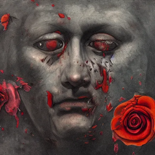 Prompt: fragile red rose flower, riot melancholia, tear gas, clouds, self-hatred as a candid way to survive, soft memories, gritty feeling, imagining a blissful fate, sharp focus, detailled background, conflicted emotions, anger, sadness, facial expression, emotive portrait, by Francis Bacon, by Beksinski, contemporary masterpiece, maze, optical illusion, neo-expressionism, war photography, photojournalism, antithesis, dialogue, chaotic revenge, loneliness, soul, melancholy, stability, serene, resignation