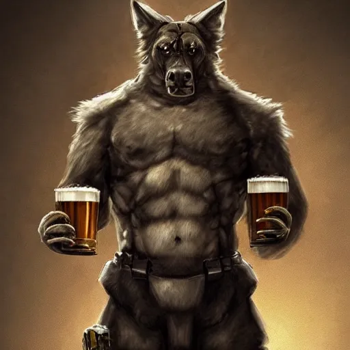 Image similar to a humanoid german shepherd beast - man in military style, holding a bottle of beer, artstation, concept art, smooth, sharp foccus ilustration, artstation