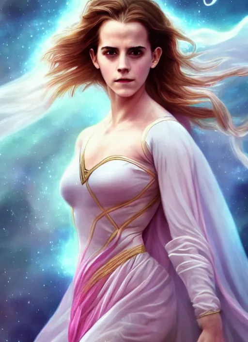 Image similar to emma watson as nature magic celestial, superwoman pose, long hair, soft pink and white transparent cloth, space, D&D, shiny background, intricate, elegant, highly detailed, digital painting, artstation, concept art, smooth, sharp focus, illustration, artgerm, bouguereau