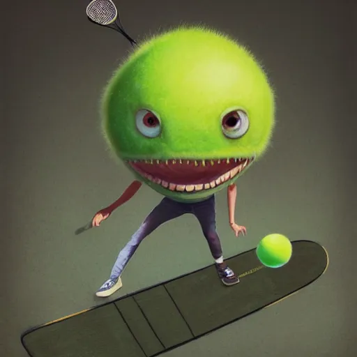 Image similar to highly detailed vfx portrait of a character of a tennis ball monster skateboarding on a skateboard stephen bliss, chalk, unrealengine, greg rutkowski, loish, rhads, beeple, chalk, makoto shinkai and lois van baarle, ilya kuvshinov, rossdraws, tom bagshaw, basil gogos