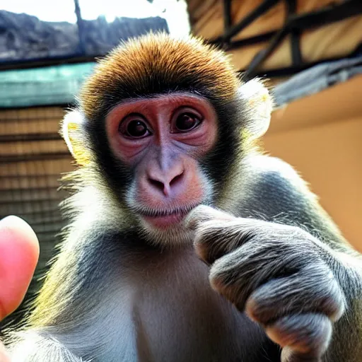 Prompt: selfie of a monkey giving thumbs up