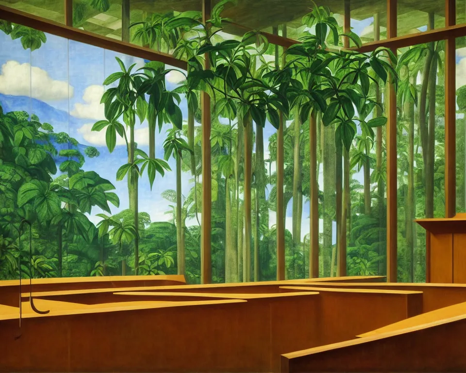 Prompt: a modernist courtroom in the rainforest by raphael, hopper, and rene magritte. detailed, proportional, romantic, vibrant, enchanting, achingly beautiful, graphic print, trending on artstation, jungle, tropical, foliage, white lilies