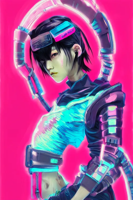 Image similar to stylized japanese girl : ninja - cyberpunk, wearing urban techwear, neon lights and armor, painted in acrylic, in the colors hot pink and cyan, beautiful realistic face, spotlight, by greg rutkowski, by jeremy mann, by francoise nielly, by van gogh, by ross tran, in focus