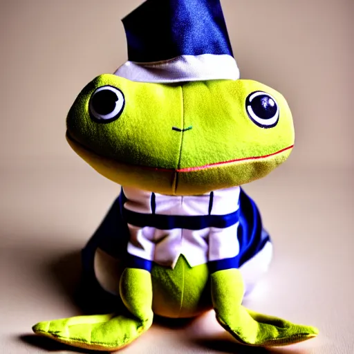 Prompt: cute plushie frog wearing a sailor suit, studio photography,