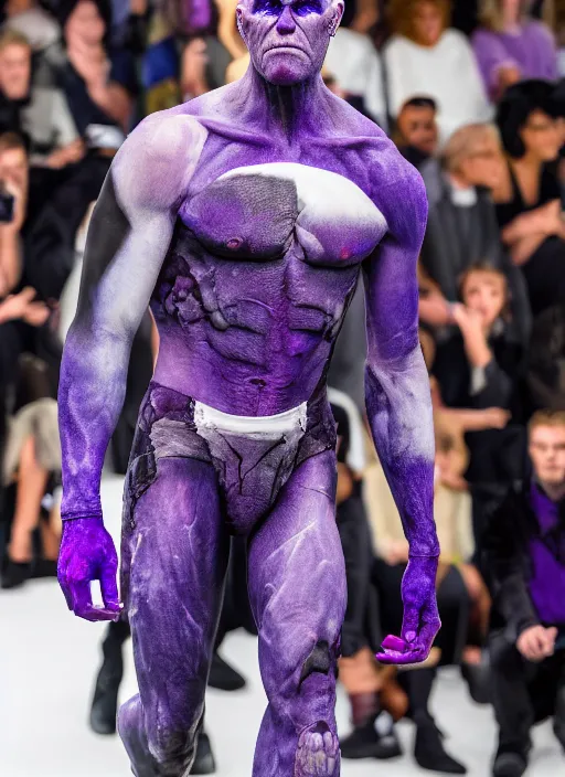 Image similar to hyperrealistic and heavy detailed off white runway show of thanos ( marvel comics ), leica sl 2 5 0 mm, vivid color, high quality, high textured, real life