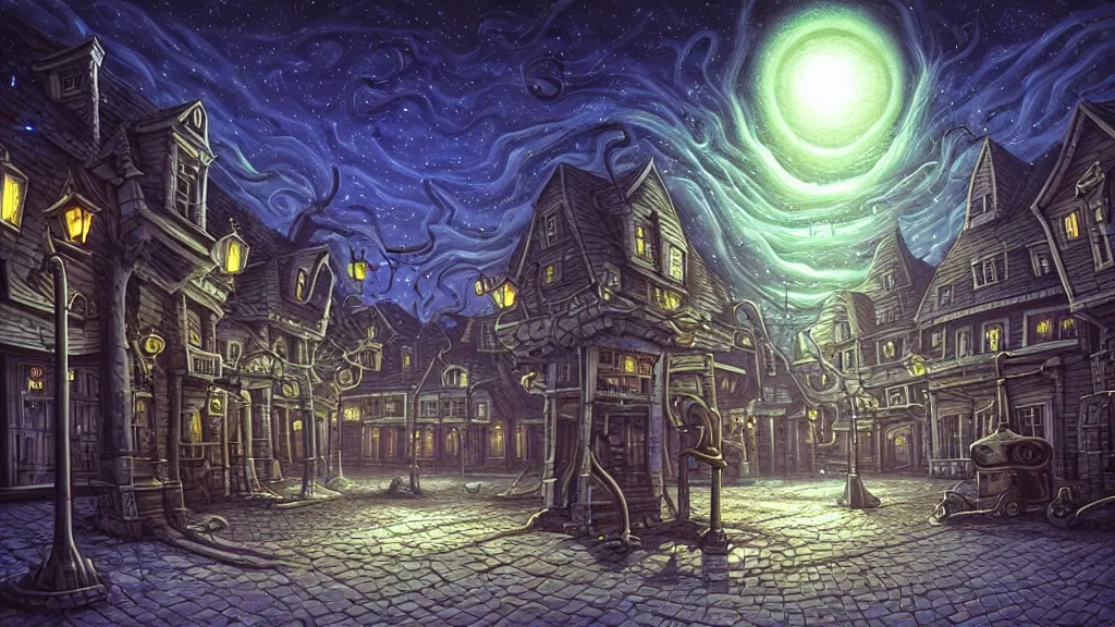 Image similar to empty lovecraftian town square surrounded by houses and inns. lovecraftian city at night by cyril rolando and naomi okubo and dan mumford and ricardo bofill. lovecraft. cobbled streets. oil lamp posts. lovecraftian statues. starry night sky. cthulhu.