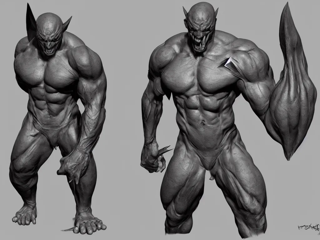 Image similar to game concept art, muscular body, mesomorph, chiroptera head, chiroptera ears, sharp teeth, hyperrealism, artstation, cgsociety, zbrush, no background