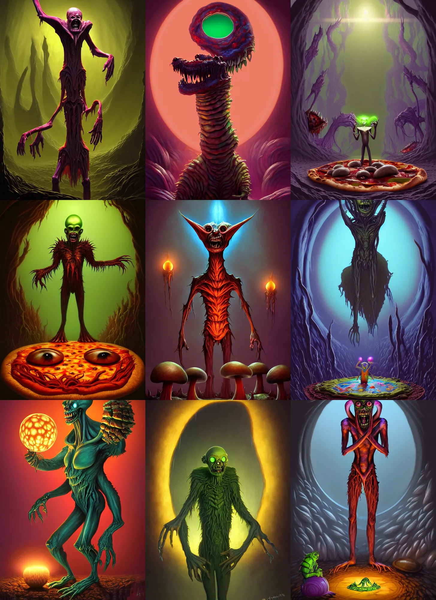 Prompt: beautiful digital fantasy illustration of a creepymania creature standing in front of a mirror, concept art by Alex Horley-Orlandelli, scary, dark, fantasy, renderman render, 3D, photorealistic, concept art, complementary color, alien pizza in the style of Moebius, vibrancy color, giant pizza forest, mushrooms olives spinach onions, bioluminescent, midnight, volumetric lighting, fairycore, pizza cosmos, pizza universe, high detail texture, unreal engine, 8k, samurai pizza cats, vivid, intense, Photographic quality, ultra hyper realistic quality, 8k definiton, hyper-realistic, cinematic, cinematic lighting