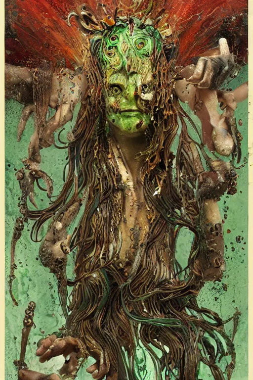 Image similar to epic 3 d oxossi, ifa deity, liquid hands and feet spinning, 2 0 mm, with brown and green water melting smoothly into herbs and wooden contraptions, fierce, animalistic, intricate, houdini sidefx, trending on artstation, by jeremy mann and ilya kuvshinov, jamie hewlett and ayami kojima, 3 d bold