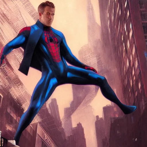 Image similar to ryan reynolds as spider - man, wearing a black and blue suit, cinematic, volumetric lighting, f 8 aperture, cinematic eastman 5 3 8 4 film, photorealistic by greg rutkowski, by stanley artgerm, by alphonse mucha