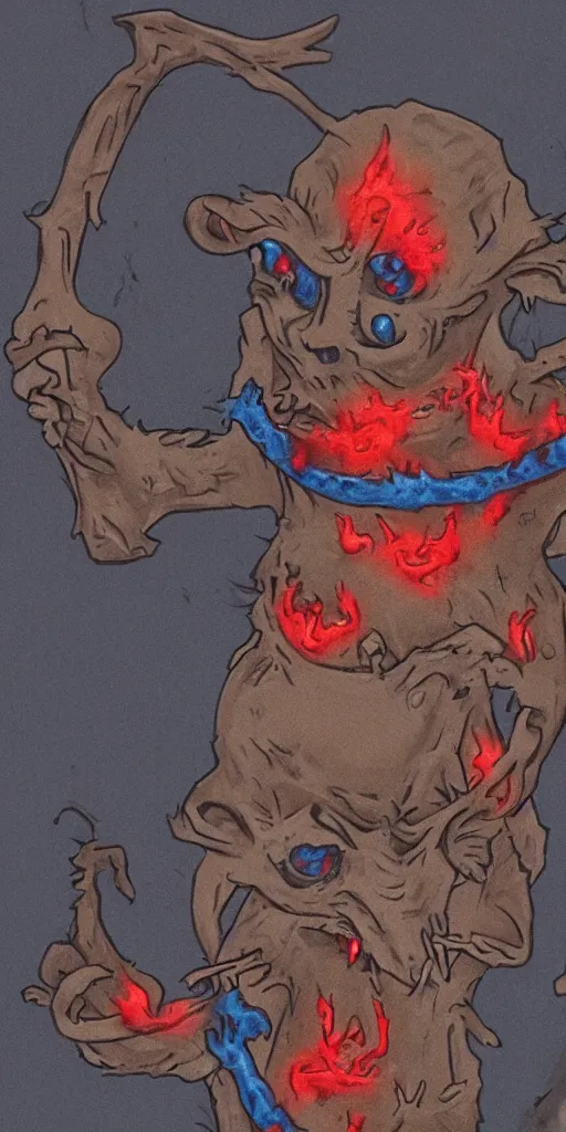 Image similar to an undead rat with rotted face and glowing red eyes wearing black tattered robes and holding two blue flames