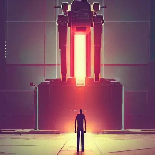 Image similar to a man standing next to a giant robot, concept art by beeple, martin deschambault, cgsociety, sots art, dystopian art, sci - fi, concept art