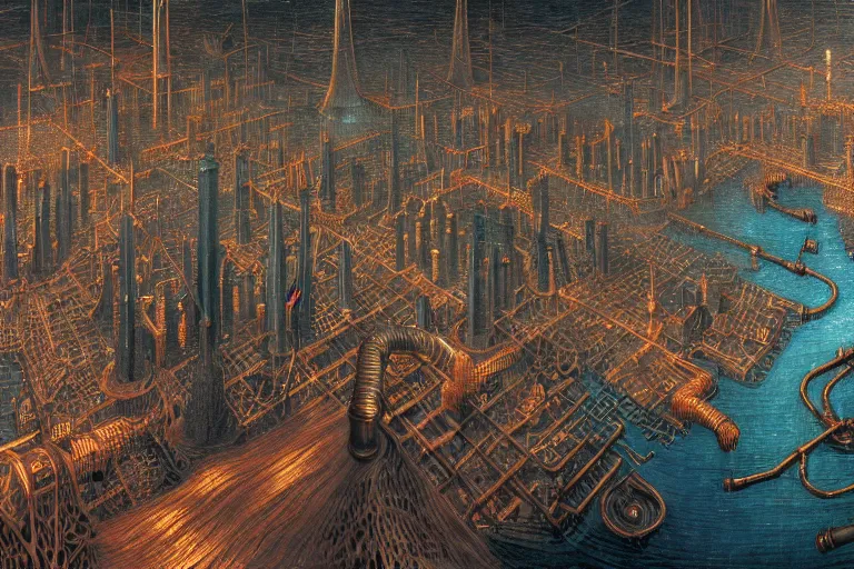 Image similar to an elaborate penned illustration of a apocalyptic intricate connected city of tubes and pipes, muted colors, copper pipers, by jan van haasteren and jheronimus bosch, unreal engine, physically based rendering, ariel view, tilt - shift, shiny, industrial, water, smoke, reflective, cinematic, isometric, beksinski