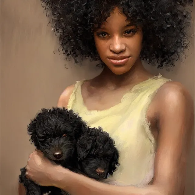 Image similar to 2 0 year old black woman with curly hair, with a small black puppy besides her, and a newborn baby in her arms, portrait, elegant, intricate, digital painting, artstation, concept art, smooth, sharp focus, illustration, art by konstantin korovin and daniel f. gerhartz and john howe