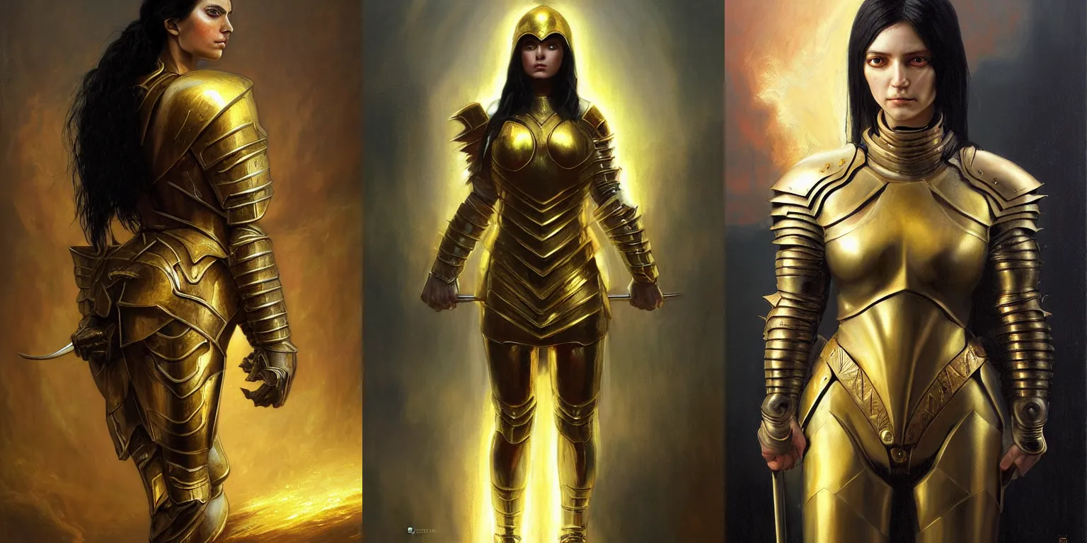 Prompt: !dream beautiful female warrior, half body portrait, black hair, light gold armor, realistic oil painting by Thomas Cole and Wayne Barlowe and Boris Valejo