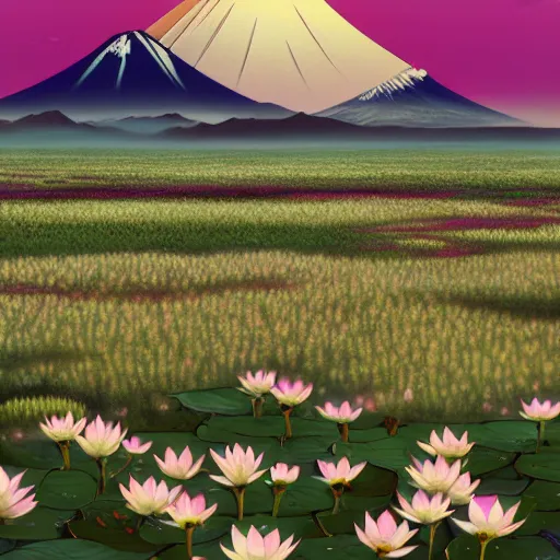 Prompt: a beautiful and detailed picture of a field of black lotus flowers with petals in a fibonacci sequence around mount fuji, in the style of magic the gathering, highly detailed, digital painting, god rays, volumetric lighting, octane render, 4 k resolution, art by hokusai and albert bierstadt