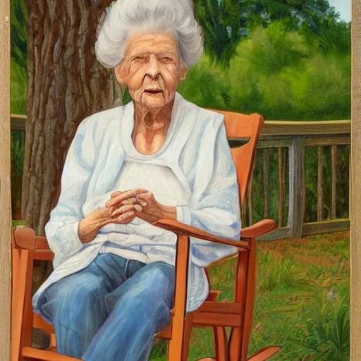 Image similar to painting of an elderly woman sitting in a rocking chair on a porch, appalachian folk art