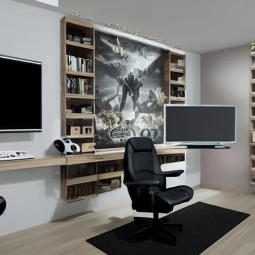 Prompt: photorealistic gamer room, with gaming chair, with a playstation