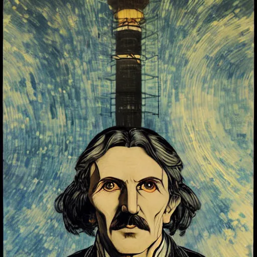 Image similar to portrait of nikola tesla in wardenclyffe tower, hanafuda oil on canvas by ivan shishkin, james jean and yoji shinkawa