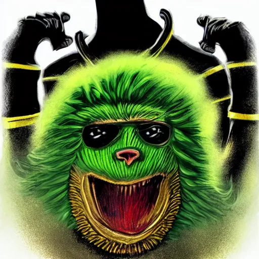 Image similar to a green tennis ball monster dressed like a super hero, black and gold, digital art, fantasy, magic, chalk, trending on artstation, ultra detailed, professional illustration by basil gogos