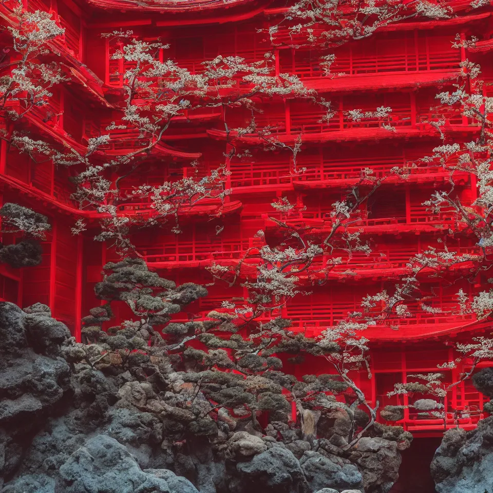 Prompt: A red ancient Japanese architectural building under the sea, 8k, very high detailed, cinematic, octane render, intricate