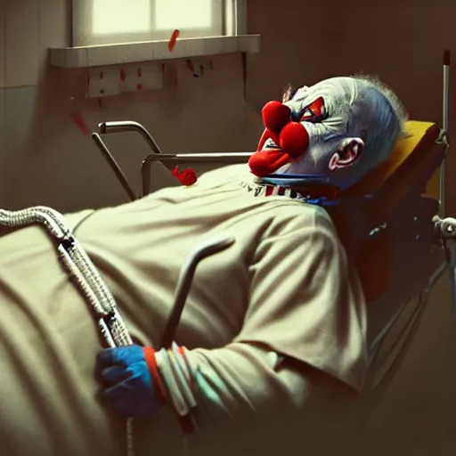 Image similar to crazy elderly clown lying in hospital bed with wrist restraints on, attached to hospital bed siderails, greg rutkowski, photograph, 8 k