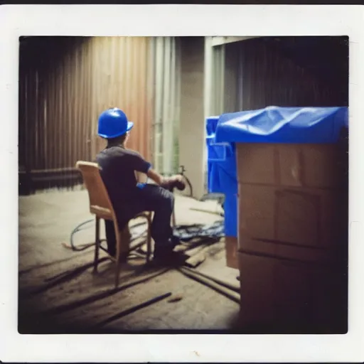 Image similar to a polaroid photo of man doing sort things into sort machines in lazada logistics warehouse, he's wearing blue cloth and construction hat,, photo from behind, highly details, perfect face shape, cinematic lighting,