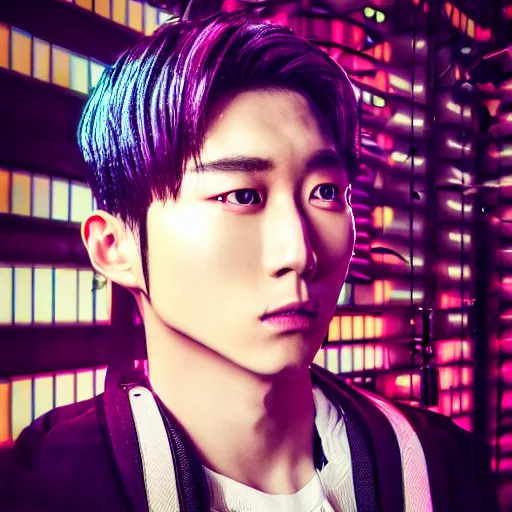 Prompt: “ portrait photo of half - cyborg k - pop male star, cyberpunk ”