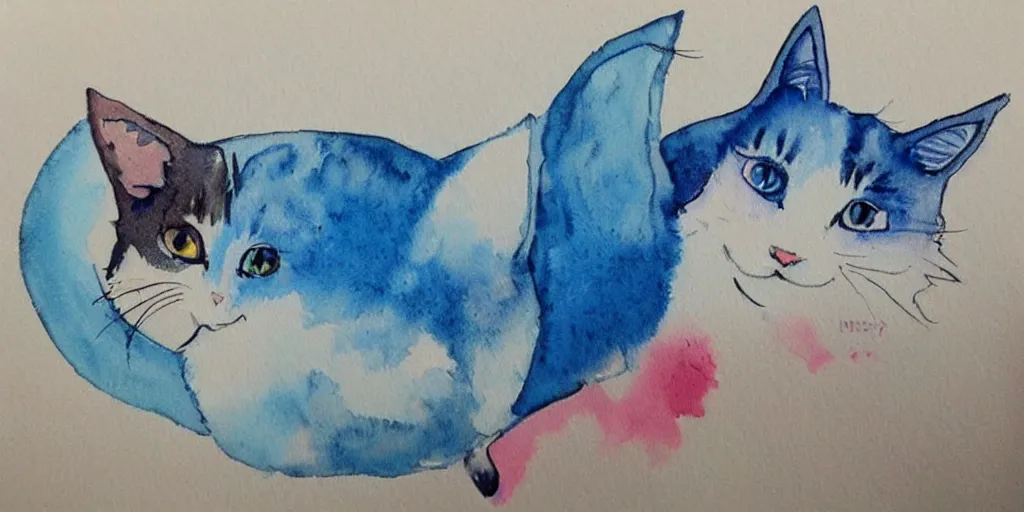 Prompt: watercolor illustration style, cute! cats! with blue wings!!