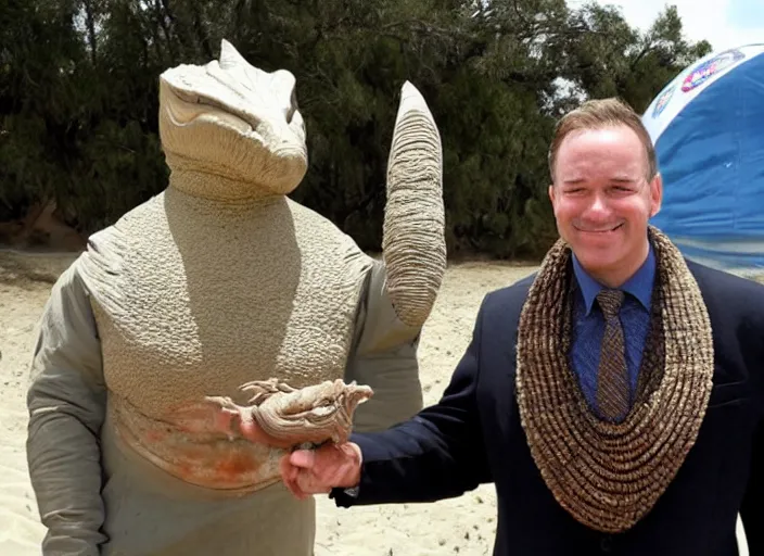 Image similar to a politician photo op with the sand worm from dune