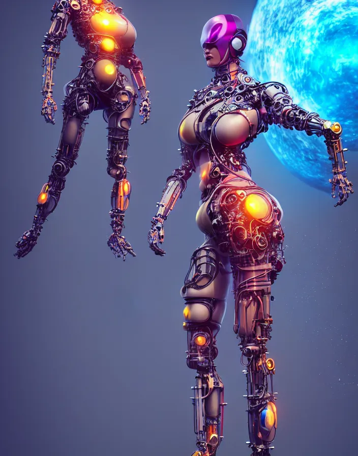 Image similar to full lenght shot, super hero pose, woman in biomechanical dress, inflateble shapes, wearing epic bionic cyborg implants of different colors, masterpiece, intricate, biopunk futuristic wardrobe, highly detailed, artstation, concept art, background galaxy, cyberpunk, octane render