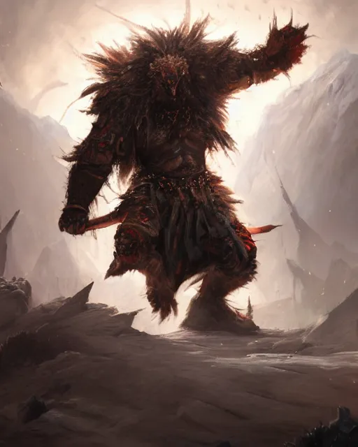 Image similar to oil painting of Angry Anthropomorphized Lama Berserker, wearing fur armor, claws, sharp focus, attack pose, fantasy style, octane render, volumetric lighting, 8k high definition, by greg rutkowski, highly detailed, trending on art Station, magic the gathering artwork, burning Battlefield background, centered