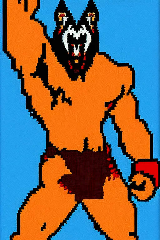 Image similar to extreme long shot. 8 bit nes graphics. hermann nitsch. antropomorphic muscular masculine wolf. kickboxer fighter, in shorts. wolf head. art from nes game cartridge,