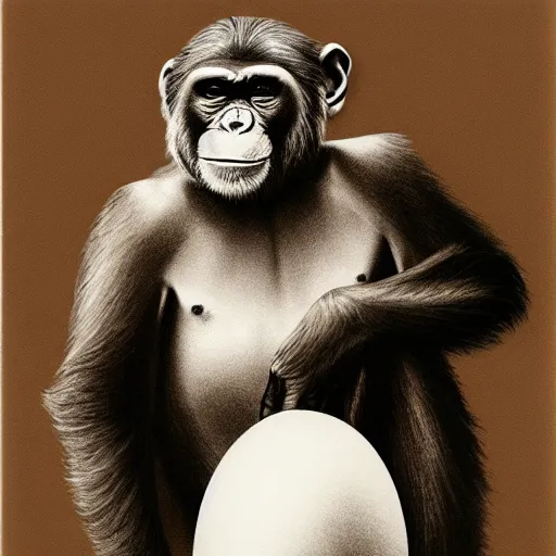 Prompt: a realistic pencil drawing of a chimpanzee sitting on a large egg.