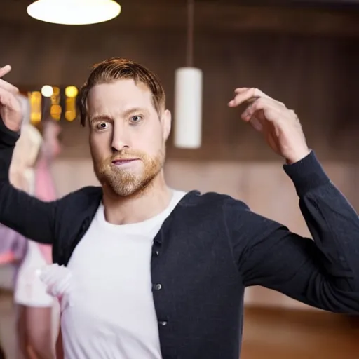 Image similar to photo of a 3 2 year old white man living thinking he's living the best life possible. he looks young for his age. he is at a dance club, it's as if he were in a music video. young woman are flocking to him and can be seen dancing around him in a seductive manner.