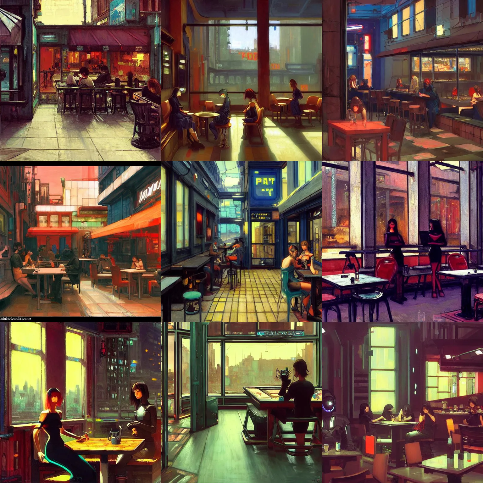 Prompt: A cyberpunk cafe painted by John William Waterhouse and Ilya Kuvshinov and Edward Hopper. HD