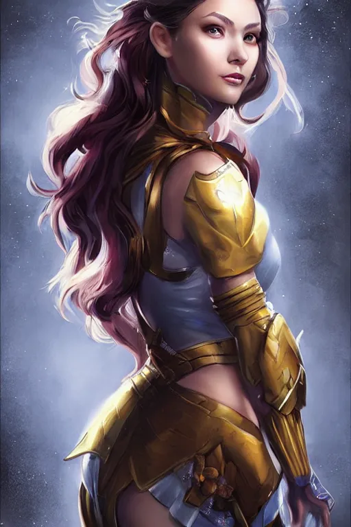 Prompt: three quarters portrait pose of a beautiful woman,super hero costume,heroic pose,highly detailed, digital painting,illustration, art by Stanley Lau