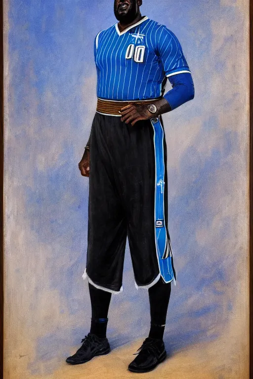 Image similar to full body portrait of shaquille o'neil as the dictator of the orlando magic, 1 8 8 9, in full military garb, magic blue, silver, and black, oil on canvas by william sidney mount, trending on artstation