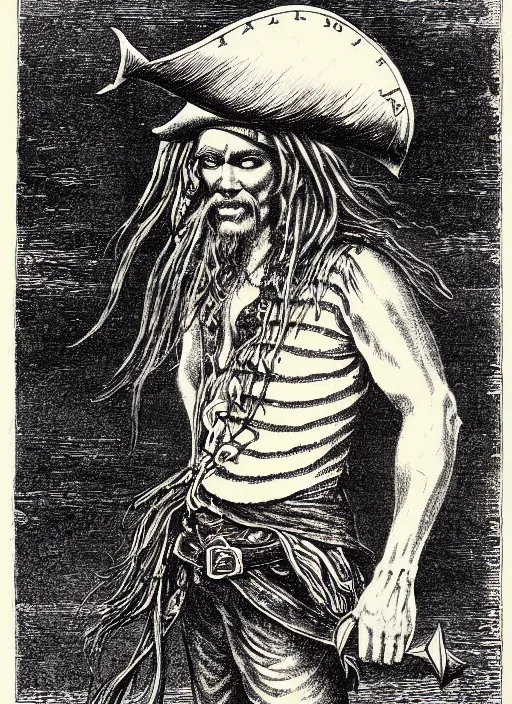 Image similar to illustration davey jones from the pirate of the caribbean, etching by louis le breton, 1 8 6 9, 1 2 0 0 dpi scan, ultrasharp detail, clean scan