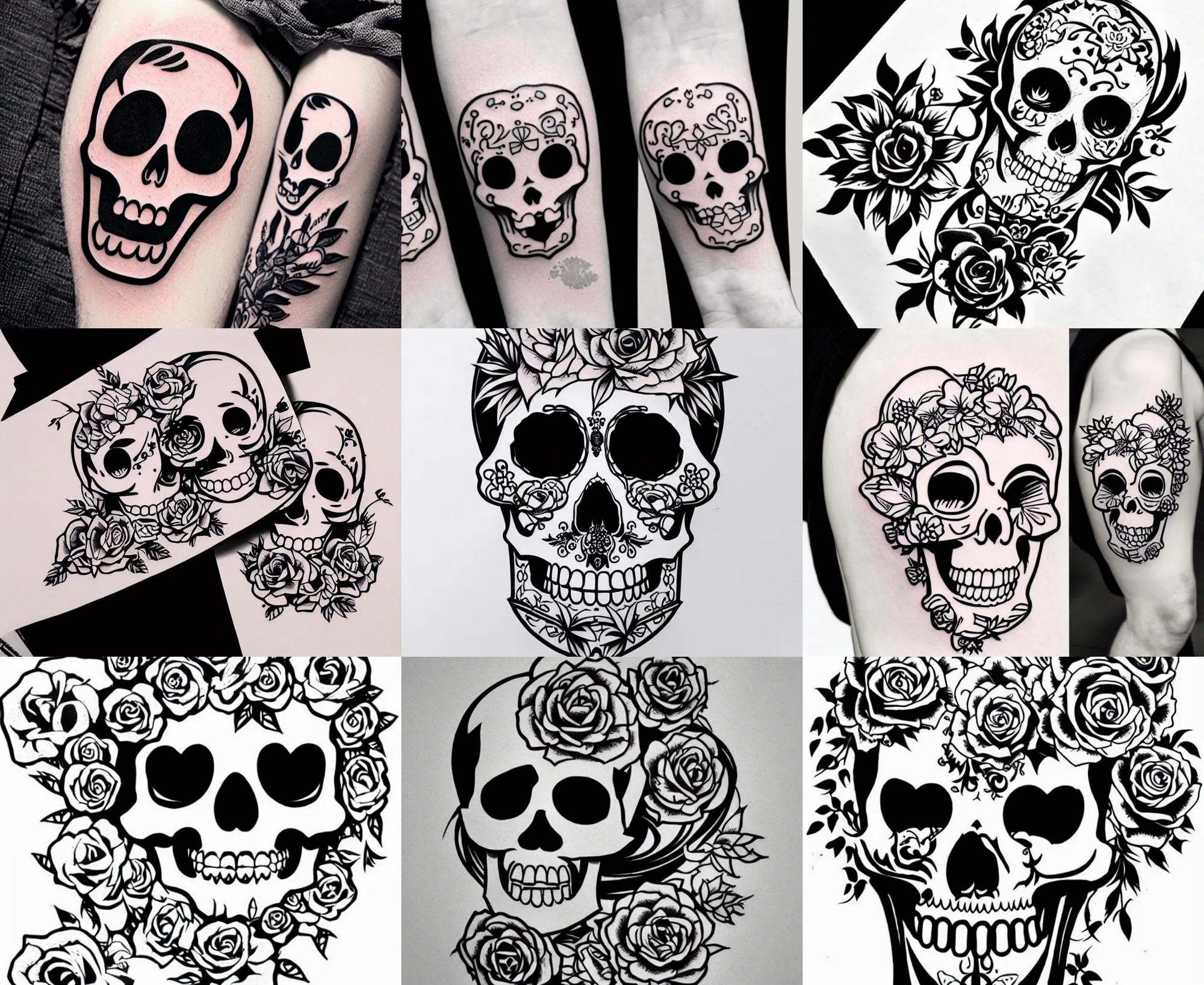 Image similar to detailed tattoo stencil bold lines, cute adorable lovely anime skull kawai