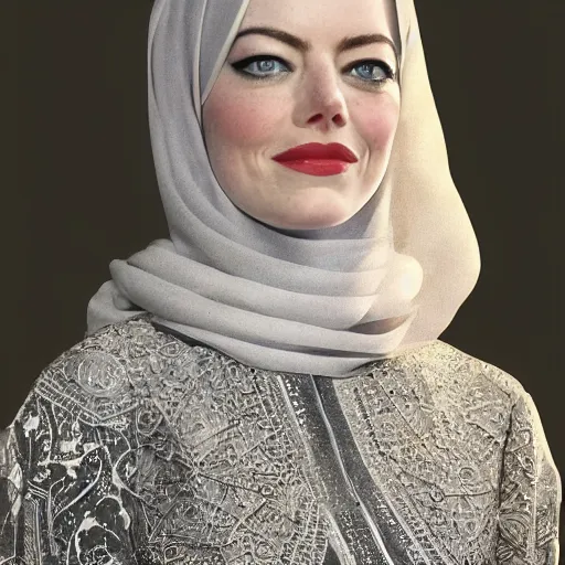 Prompt: A full body portrait of Emma Stone wearing a Black Arabian abaya , high quality, fully detailed, 4k