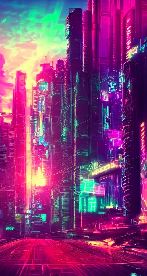 Image similar to cyberpunk city, neon lights, glow, sunset, retrowave style,
