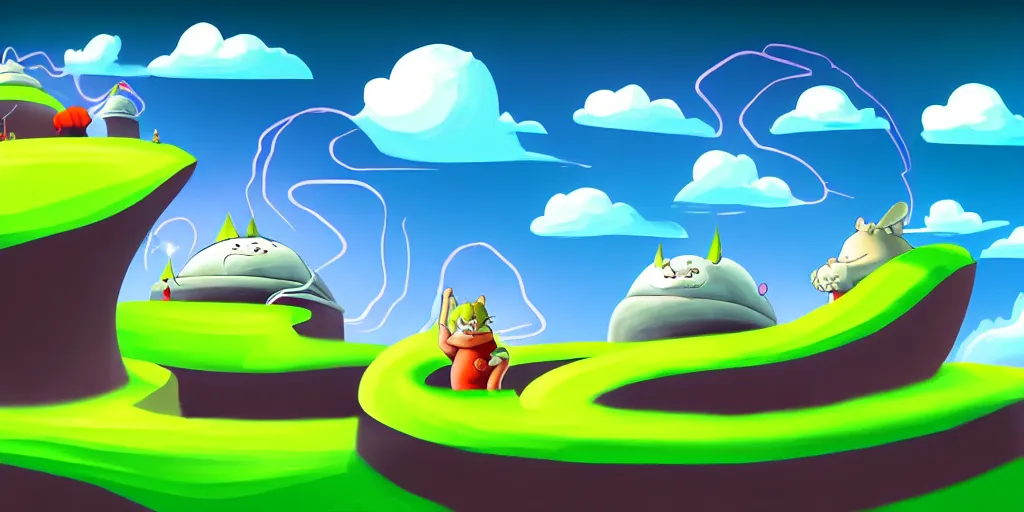 Prompt: nightscape chubby cartoon concept art, skyscrapper over a grass spiral hill, spiral clouds, sam and max, liquid smoke