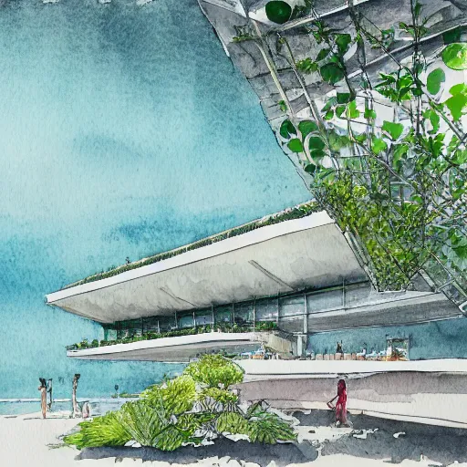 Image similar to watercolor sketch of organic rectangular architecture concept by victo ngai, sea, renzo piano, sketche, villa, people, beach, artistic, ecology, green.